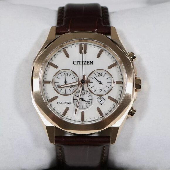 Citizen Rose Gold Tone Leather Strap Men's Chronograph Watch - Picture 1 of 5